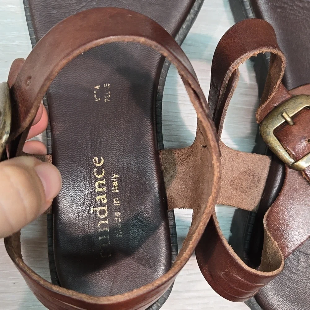 Sundance Leather Toe Loop Platform Buckle Sandals sz 37 / 6.5 - Picture 7 of 13